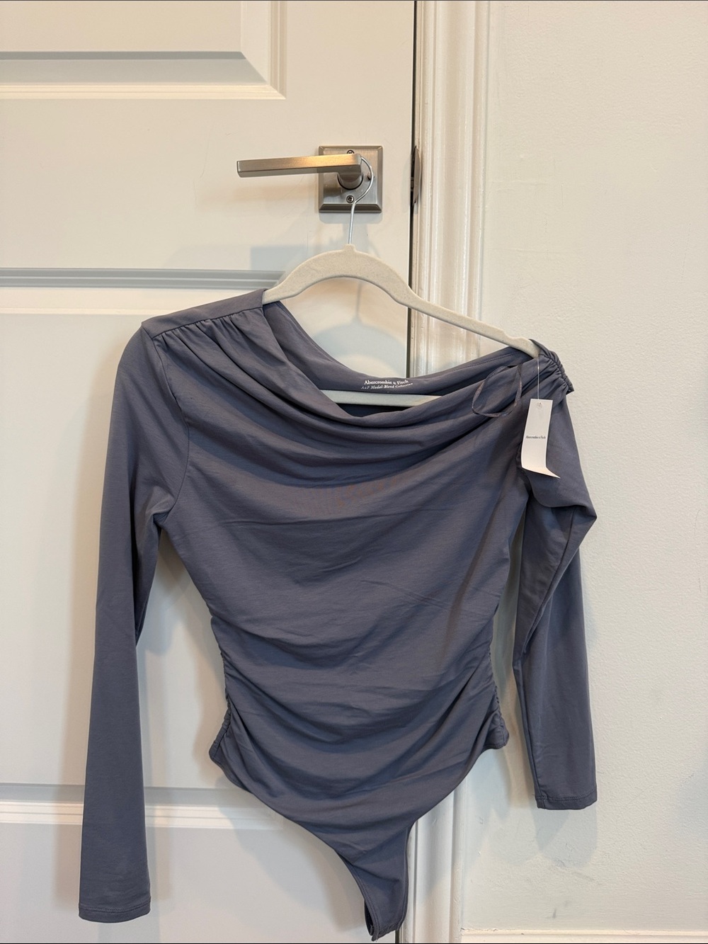 Draped Long-Sleeve Bodysuit in Slate Blue